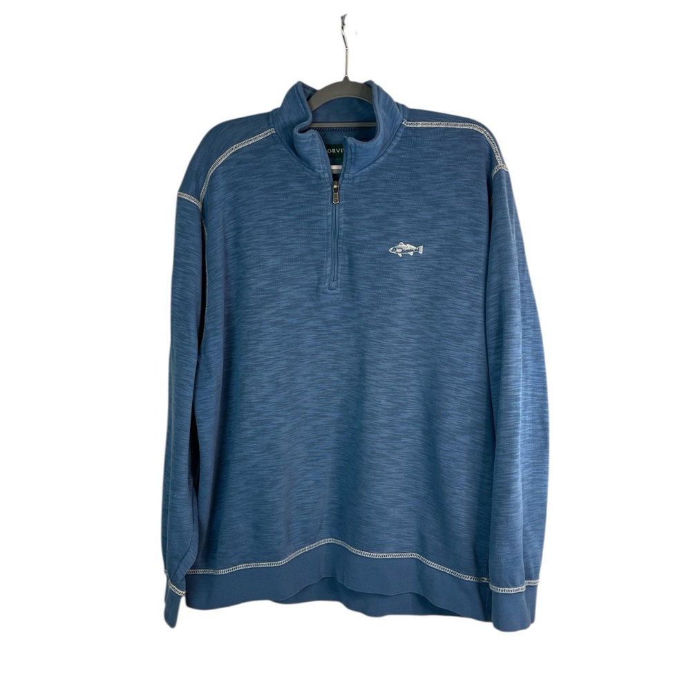 Orvis Men’s 1/4 Zip Pullover‎ Shirt XL Blue Cotton Blend Fish Logo outdoor